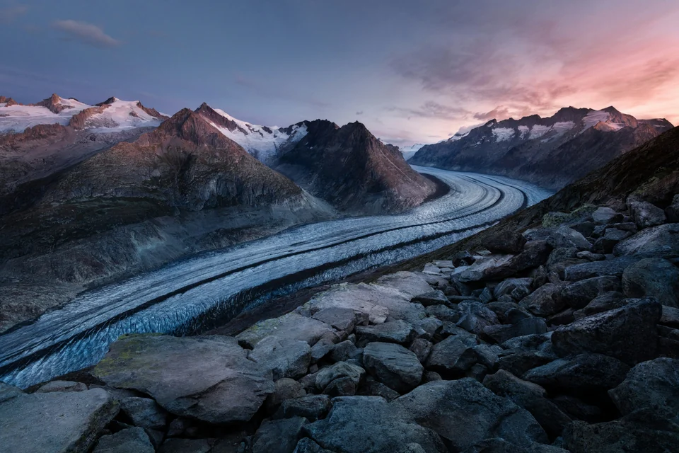 Aletsch Glacier at sunrise, viewed from Bettmerhorn, Switzerland